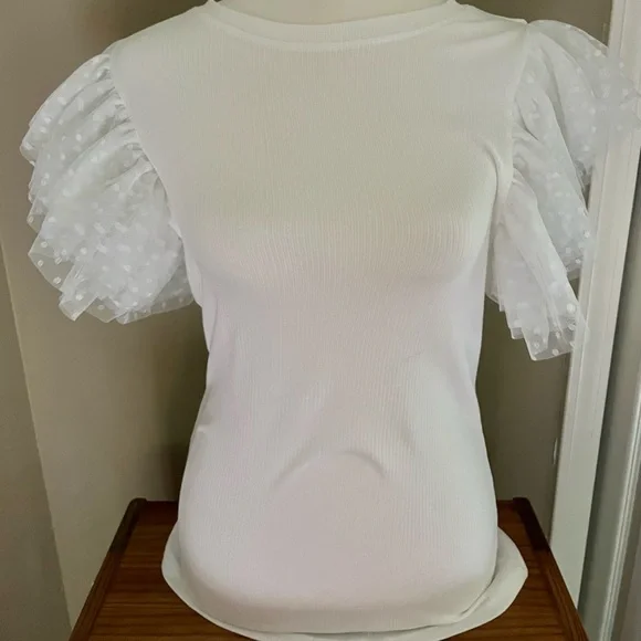 White Dotty Mesh Ruffle Ribbed Knit Top - Picture 2 of 2